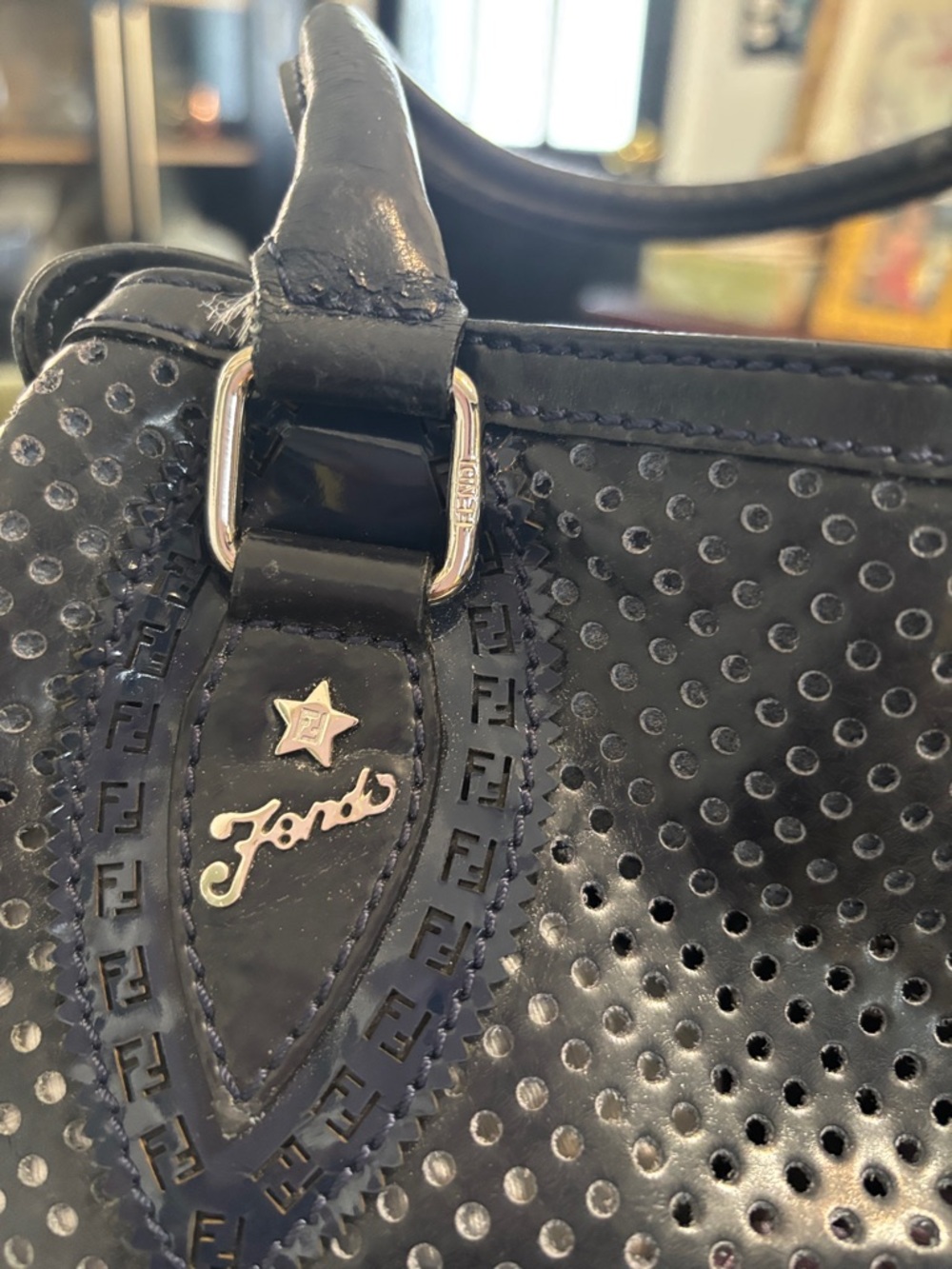 Fendi navy blue Perforated Leather Shoulder Bag with Logo Detail - Picture 3 of 8